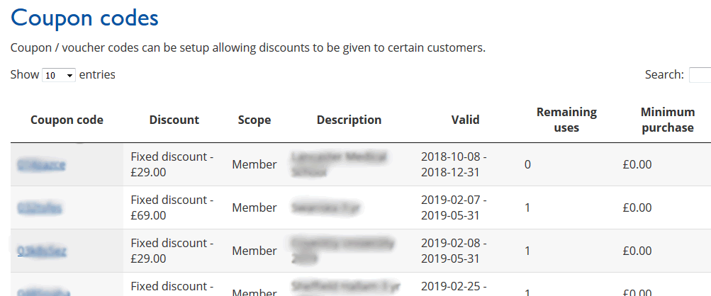 Coupon codes